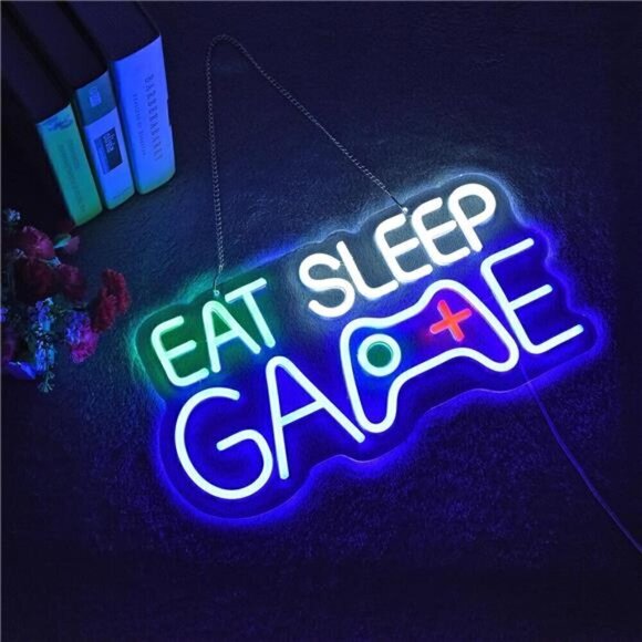 Game Room Decor EAT SLEEP GAME LED Neon Sign Bar Man Cave Bedroom Art Gaming NEW - Picture 3 of 7